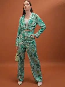 Tokyo Talkies Printed Shirt Collar Top With Trousers Co-Ords