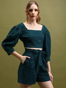 Tokyo Talkies Teal Green Square Neck Pure Cotton Top With Shorts