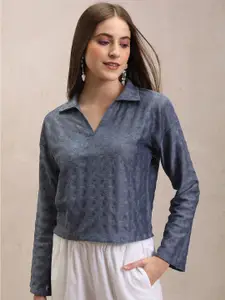 Tokyo Talkies White Self Design Shirt Style Crochet Crop Top