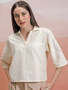 Tokyo Talkies Off White Self Design Drop Shoulder Sleeves Crochet Shirt Style Crop Top