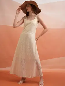Tokyo Talkies Off White Self Design Sleeveless Maxi Dress