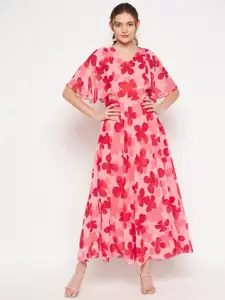 HELLO DESIGN Floral Print V-Neck Short Flared Sleeve Ruffled Georgette Maxi Dress