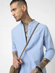 VASTRADO Slim Fit Striped Collarless Cotton Casual Shirt