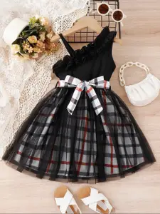 BAESD Girls Checked One Shoulder Net Fit & Flare Dress