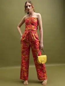Tokyo Talkies Printed Halter Crop Top With High Waisted Flared Trousers Co-Ords