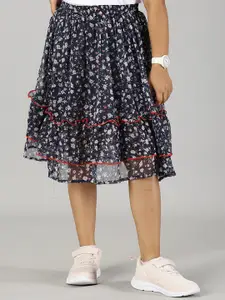 KiddoPanti Girls Floral Printed Frill Layered Flared Knee Length Skirt
