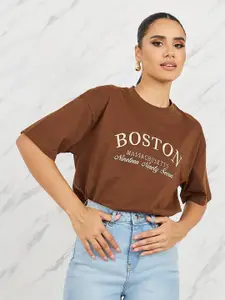 Styli Typography Embroidered Round Neck Longline Oversized T-shirt