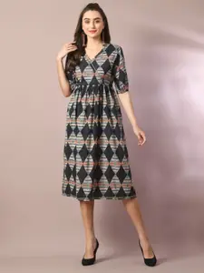 Sangria Ethnic Motifs Printed V-Neck Empire Cotton Dress