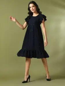 Sangria Embroidered Sequined Flounce Cotton A-Line Ethnic Dress