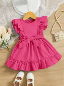 LYTIX Girls Front Bow Round Neck Flared Sleeves Tiered Fit & Flare Dress