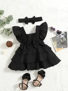 LYTIX Girls Front Bow Square Neck Flutter Sleeves Layered Fit & Flare Mini Dress