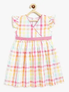 Campana Girls Short Sleeves Knee Length Fit and Flare Checked Cotton Dress