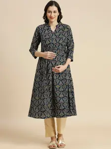 MomToBe Ethnic Motifs Printed Mandarin Collar Cotton Maternity Kurta