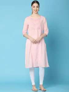 V-Mart Striped Round Neck Mirror Work Cotton Straight Kurta