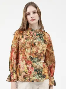 RAREISM Floral Printed Tie-Up Neck Bell Sleeve Cotton Styled Back Top