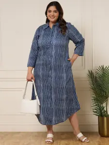 DEEBACO Striped Shirt Collar Three-Quarter Sleeves A-Line Midi Casual  Plus Size Dress