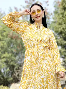 plusS Floral Print Tie-Up Neck Bell Sleeves Fit & Flare Dress