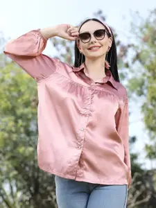 plusS Pink Spread Collar Long Sleeves Opaque Casual Shirt