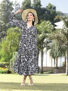 plusS Floral Print V Neck Long Bell Sleeves A-Line Dress