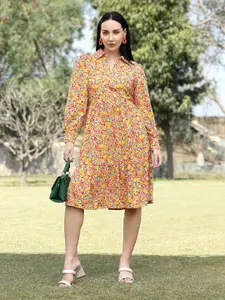 plusS Shirt Collar Long Cuffed Sleeves Floral Print A-Line Dress