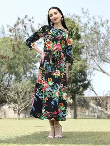 plusS Round Neck Floral Print Maxi Dress Comes with a belt
