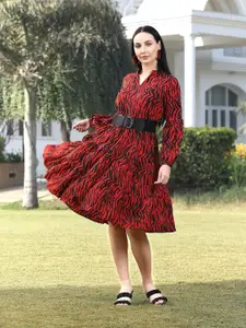 plusS Mandarin Collar Abstract Print Puff Sleeve Layered Fit & Flare Dress