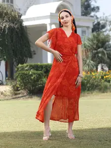 plusS V Neck Floral Print Flutter Sleeve Wrap Dress