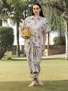 plusS Shirt Collar Floral Print Shirt Dress