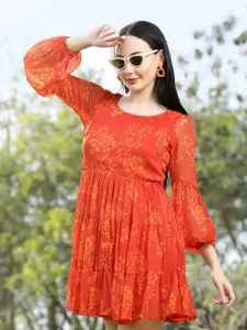 plusS Round Neck Print Fit & Flare Dress