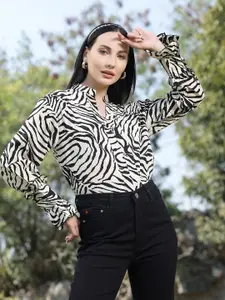 plusS Beige & Black Animal Printed Mandarin Collar Cuffed Sleeves Shirt Style Top