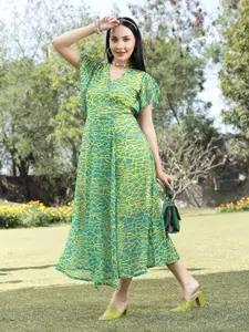 plusS V-Neck Short Flared Sleeves Print Wrap Dress