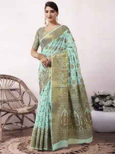 Mitera Blue Ethnic Motifs Woven Design Zari Silk Cotton Banarasi Saree