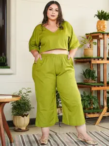 NANGALIA RUCHIRA Plus Size Pure Cotton V Neck Crop Top With Trousers Co-Ords