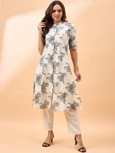 all about you Floral Printed Mandarin Collar Thread Work Kurta