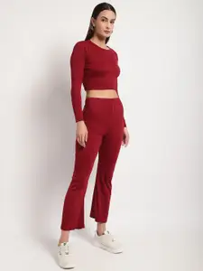 Miaz Lifestyle Round Neck Pure Cotton Crop Top & Flared Trousers