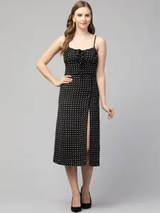 SQew Polka Dots Printed Tie Up Slit A-Line Midi Dress