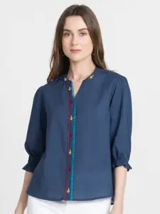 SHAYE Mandarin Collar Embroidered Pure Cotton Shirt Style Top