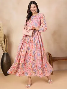 Anouk Floral Printed Round Neck Gathered or Pleated Cotton Maxi Dress