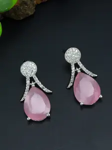 PRIVIU Rhodium Plated Teardrop Shaped AD Studded Drop Earrings