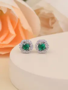 Ornate Jewels Emerald Sterling Silver Rhodium Plated Studs Earrings
