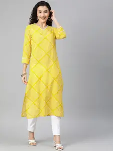 AHIKA Bandhani Printed Lace Detail V-Neck Straight Cotton Kurta