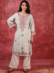 Lakshita Floral Embroidered Flared Sleeves Cotton Linen Straight Kurta