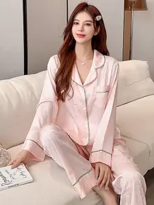 LULU & SKY Lapel Collar Shirt & Pyjama Night Suit Set