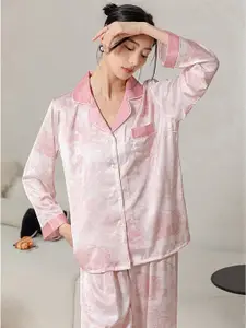 LULU & SKY Printed Lapel Collar Shirt & Pyjama Night Suit Set