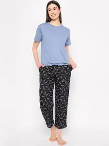 Clovia Round Neck Pure Cotton T-shirt With Printed Trousers