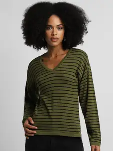 FOREVER 21 Vertical Striped V-Neck Long Sleeves Cotton Pullover Sweatshirt