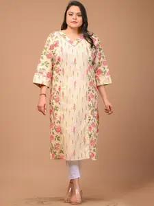 Swasti Plus Size Floral Printed V-Neck Cotton Straight Kurta