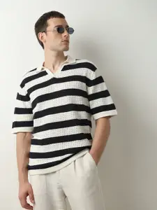 SELECTED Striped Polo Collar Drop-Shoulder Sleeves Cotton T-shirt