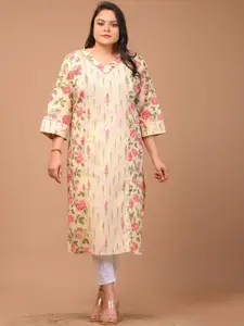 KALINI Plus Size V Neck Three Quarter Sleeves Floral Cotton Straight Kurta