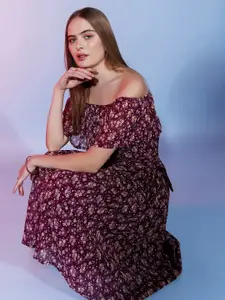 DressBerry Purple Floral Georgette Off-Shoulder Fit & Flare Midi Dress Comes & A Belt